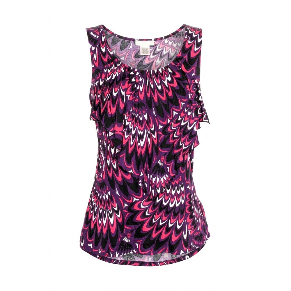 Trina Turk Purple Pink Psychedelic Peacock Print Ruffle Front Sleeveless Top